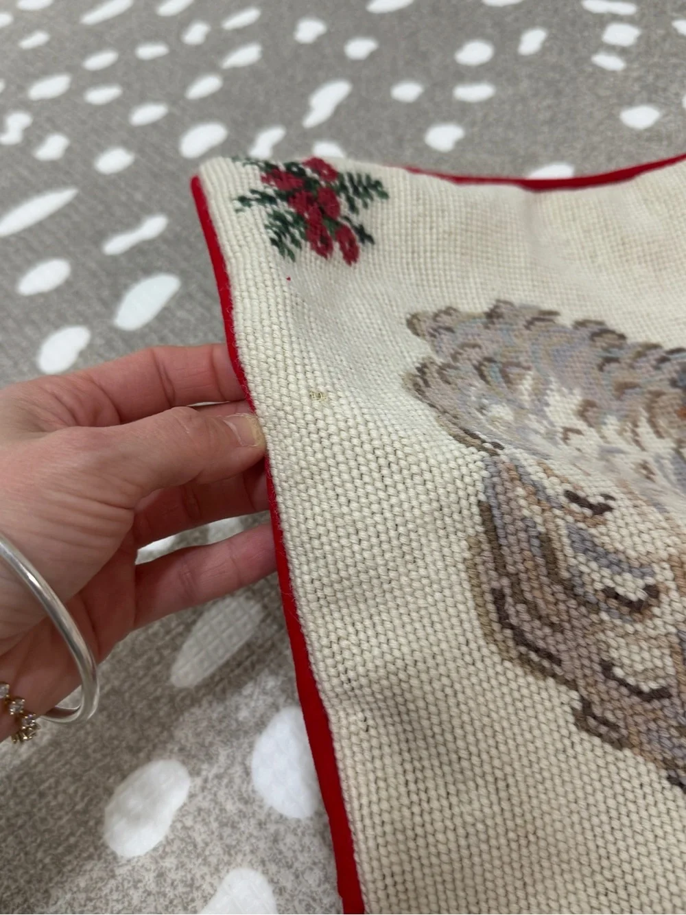 Vintage Needlepoint santa christmas velvet square pillow zipper handmade wool